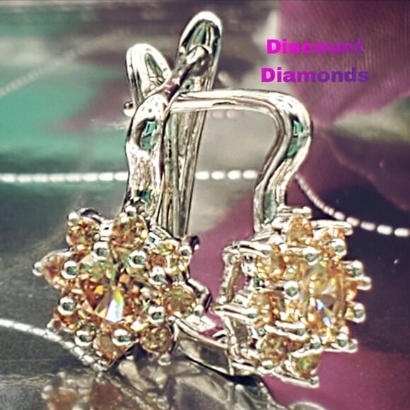 18K Yellow Gold on 925 Silver Champagne Diamond Flower Latch Back Earrings - Picture 1 of 7